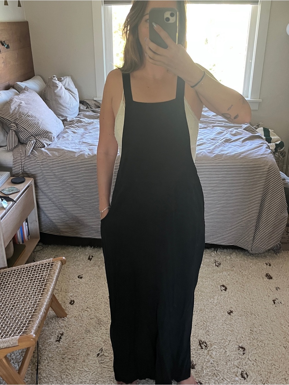 90s Retro Dark Grey Women's Square-Neck Overall Dress
